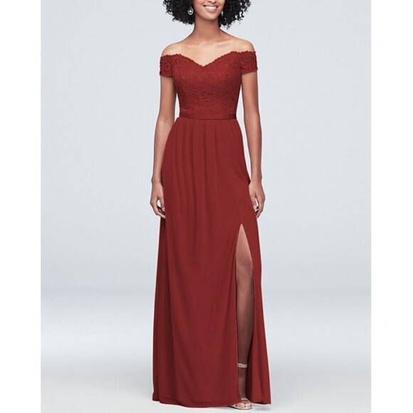 NWT David's Bridal Off-the-Shoulder Lace and Mesh Bridesmaid Dress in Cinnamon 4 - Picture 1 of 12